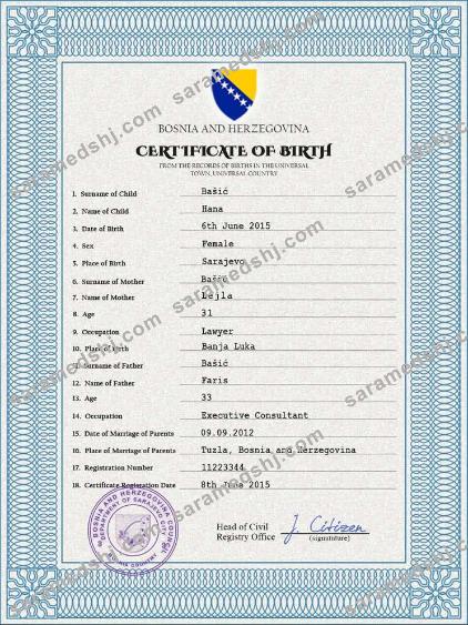 Bosnia and Herzegovina birth certificate PSD template
